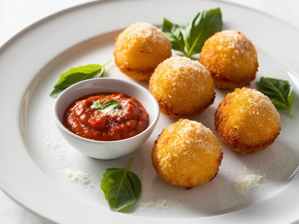 Talerz z arancini i sosem pomidorowym – zlociste kulki ryzowe w zlocistej panierce ulozonych na bialym talerzu obok miseczka z gestym sosem pomidorowym lekko posypane swiezym pecorino i bazylia. 1 Arancini z serem