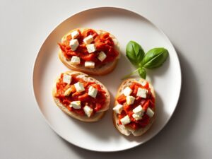 Talerz z chrupiacymi kanapeczkami posmarowanymi pasta z pieczonej papryki i srea feta obok galazka swiezej bazylii