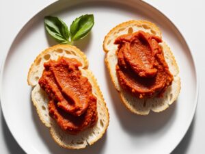 Talerz z chrupiacymi kanapeczkami posmarowanymi pasta z pieczonej papryki w kolorze bladym czerwonym obok galazka swiezej bazylii 1