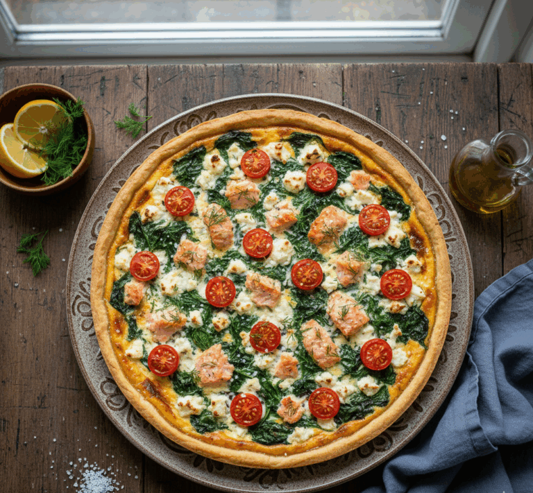 Tarta z łososiem, szpinakiem i serem feta