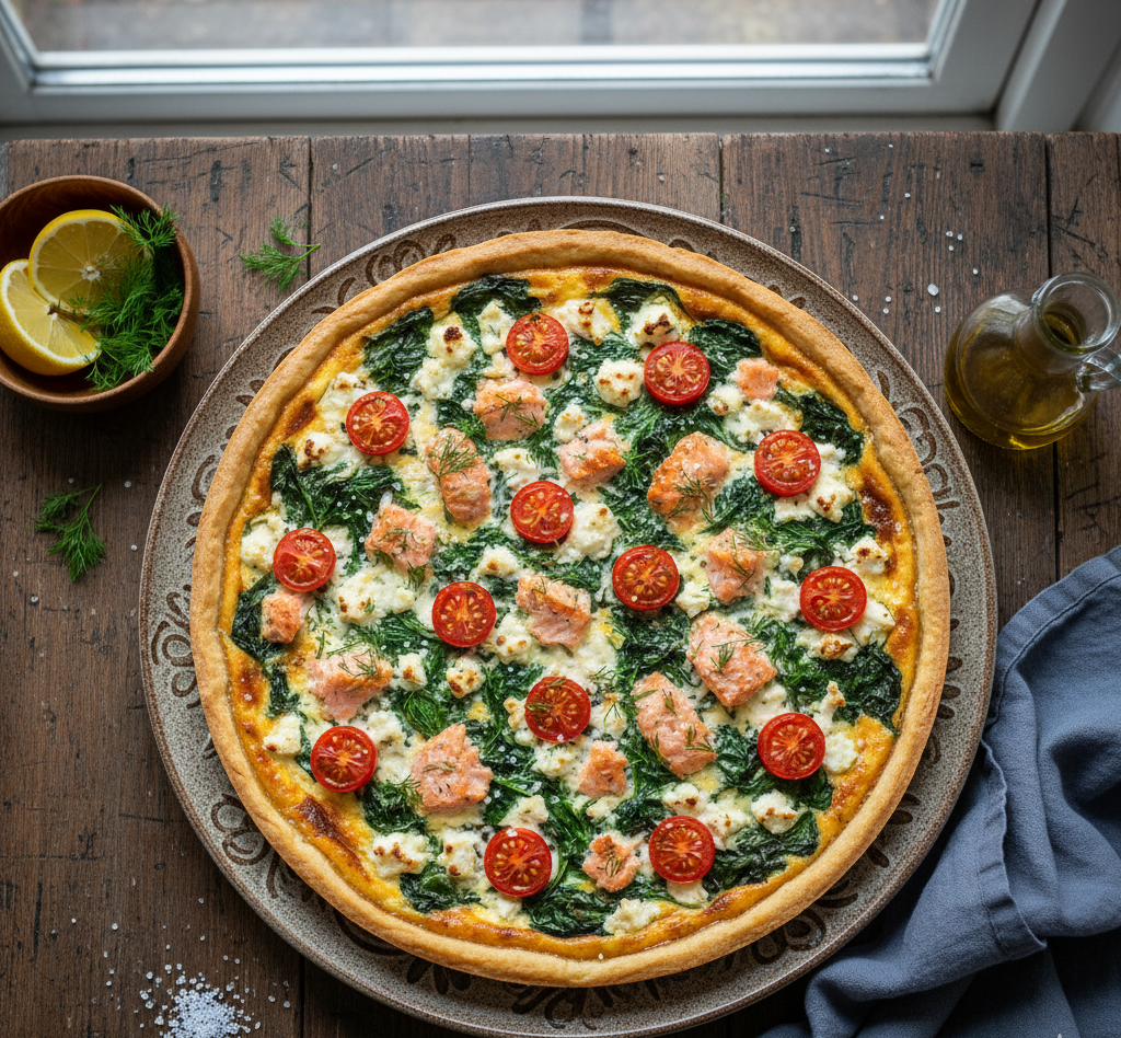 Tarta z łososiem, szpinakiem i serem feta