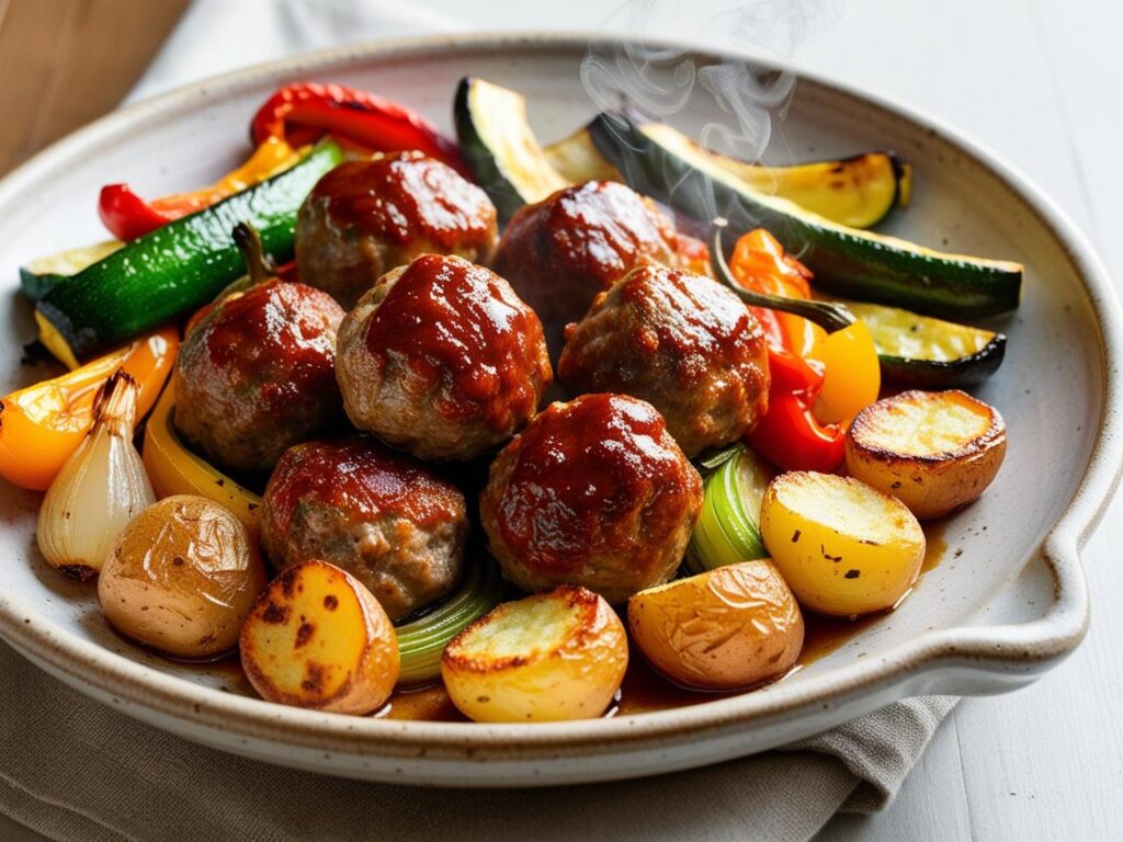 Ujecie z boku Porcja pieczonych klopsikow z pieczonymi warzywami pokrojonymi w kostke warzywami oraz z opiekanymi ziemniaczkami na talerzu z widoczna para unoszaca sie z goracego dania 1