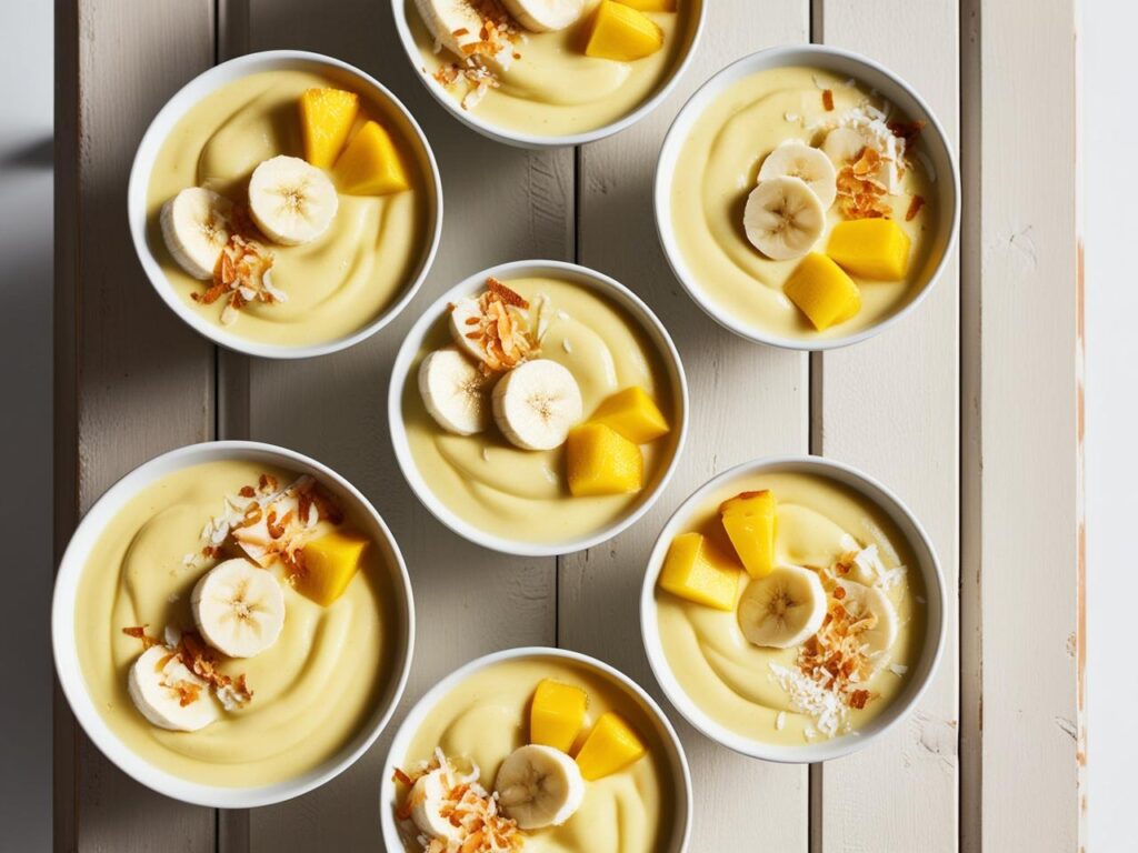 Ujecie z gory na kilka miseczek kremowych zoltych smoothie bowl z roznymi dekoracjami z banana mango ananasa wiorkow kokosowych na drewnianym stole 1