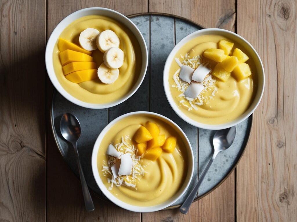 Ujecie z gory na kilka miseczek kremowych zoltych smoothie bowl z roznymi dekoracjami z banana mango ananasa wiorkow kokosowych na drewnianym stole