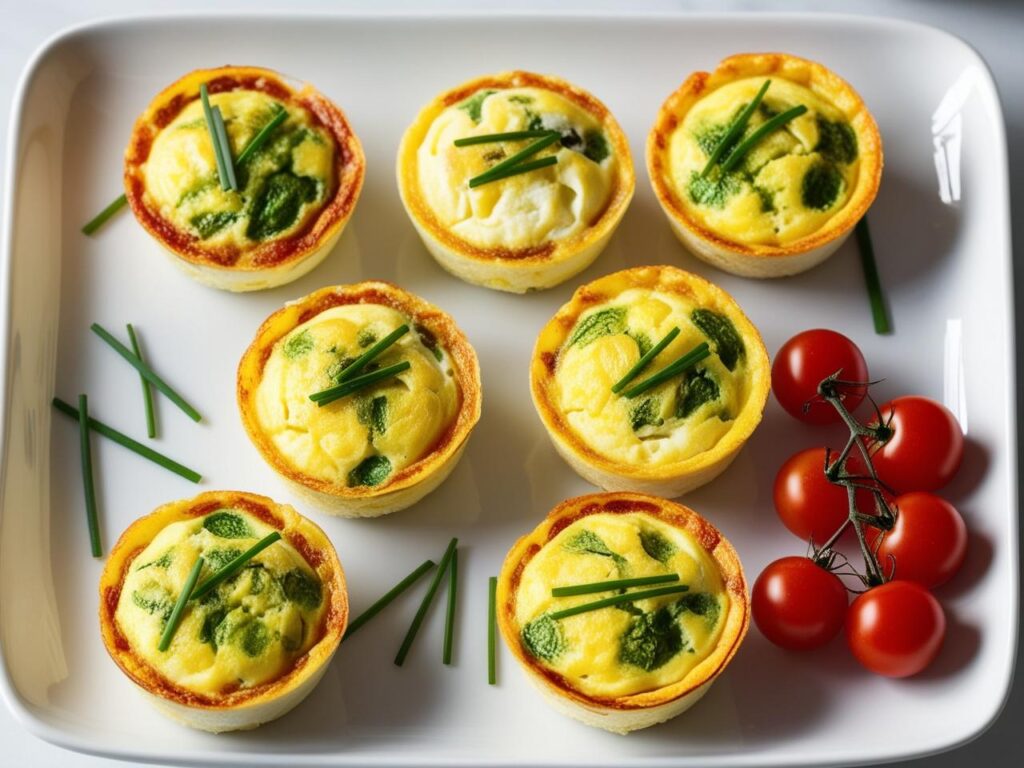 Ujecie z gory –mini frittaty podane na talerzu z dodatkami. 1 mini frittata caprese