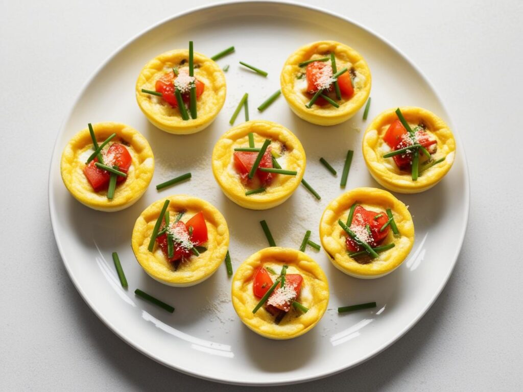 Ujecie z gory –mini frittaty podane na talerzu z dodatkami. 2 mini frittata caprese