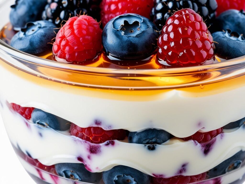 Warstwy deseru Makro zdjecie ukazujace dokladne warstwy jogurtu miodu i owocow lesnych borowki maliny jezyny podkreslajace ich roznorodne tekstury 1