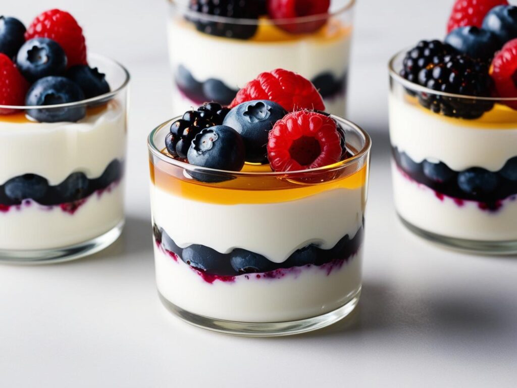 Warstwy deseru Makro zdjecie ukazujace dokladne warstwy jogurtu miodu i owocow lesnych borowki maliny jezyny podkreslajace ich roznorodne tekstury