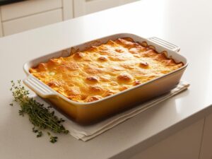 Zapiekanka tuz po wyjeciu z piekarnika na blacie kuchennym obok galazki swiezego tymianku 1