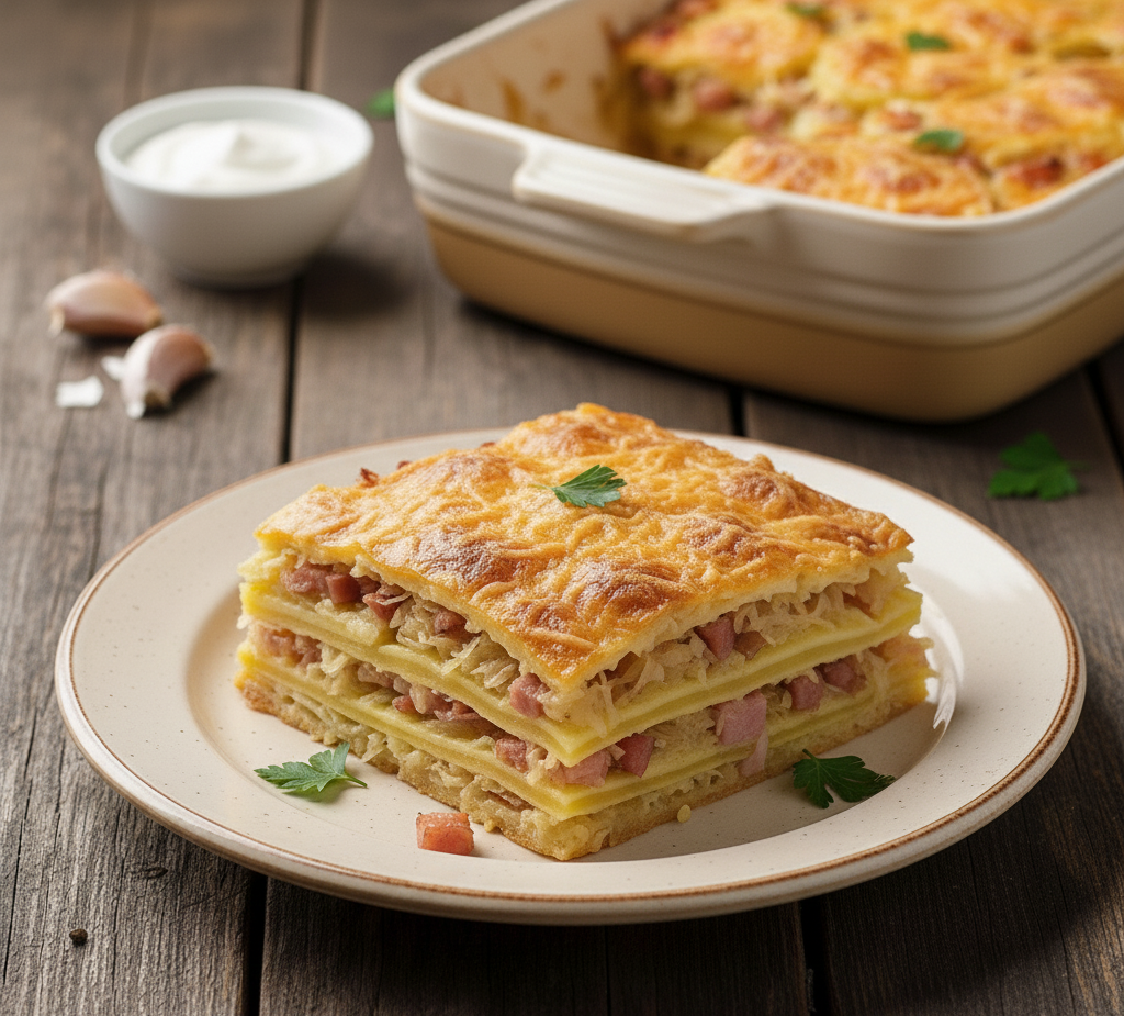 Zapiekanka ziemniaczana z kiszoną kapustą i boczkiem