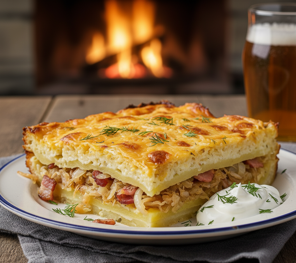 Zapiekanka ziemniaczana z kiszoną kapustą i boczkiem