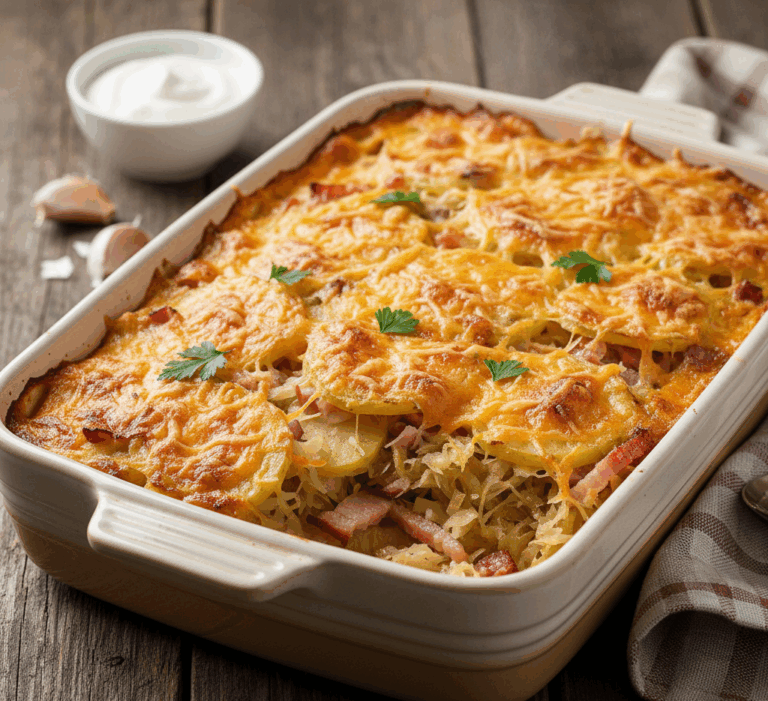 Zapiekanka ziemniaczana z kiszoną kapustą i boczkiem