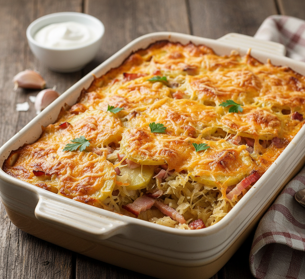 Zapiekanka ziemniaczana z kiszoną kapustą i boczkiem