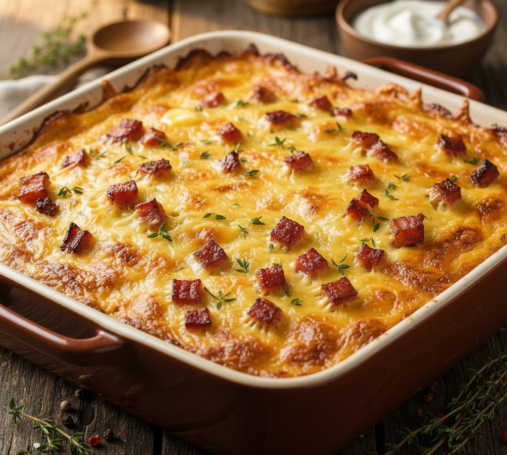 Zapiekanka ziemniaczana z kiszoną kapustą i boczkiem