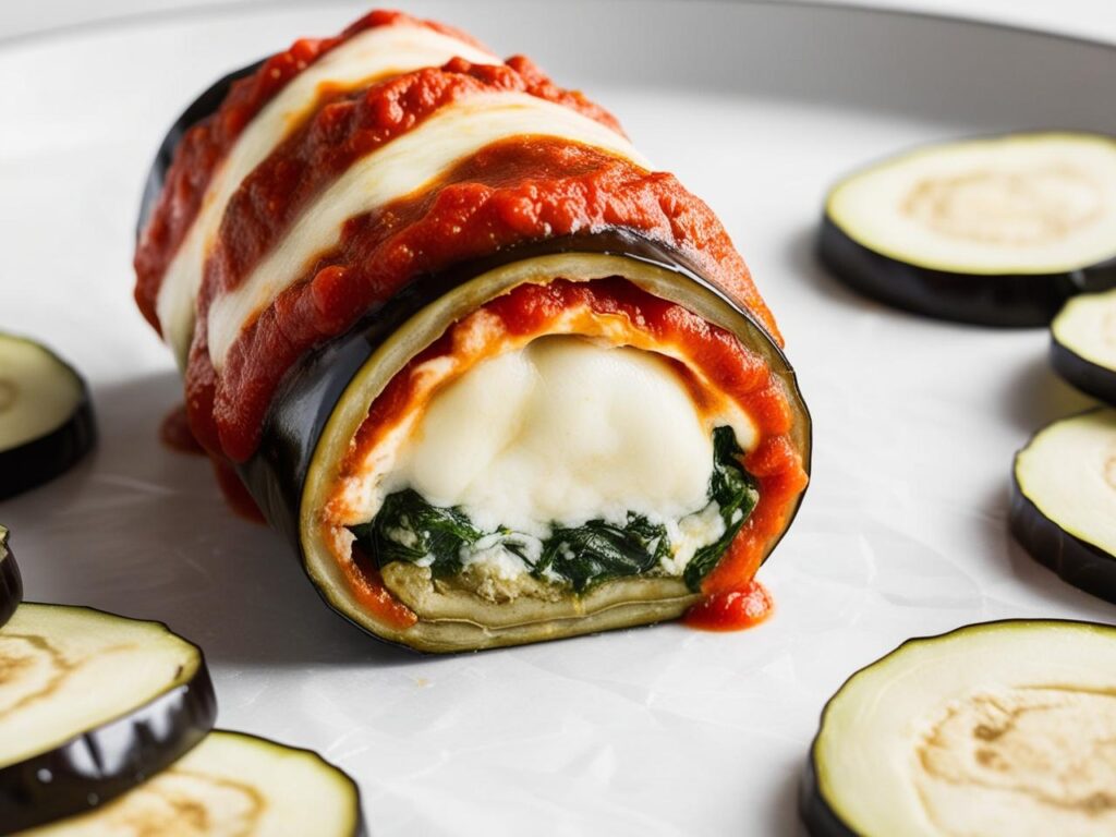 Zblizenie na farsz Przekroj jednej roladki z baklazana obtoczonej sosem pomidorowym i serem mozarella z widocznym kremowym farszem z ricotty i szpinaku otoczonym delikatnym baklazanem. 1 1