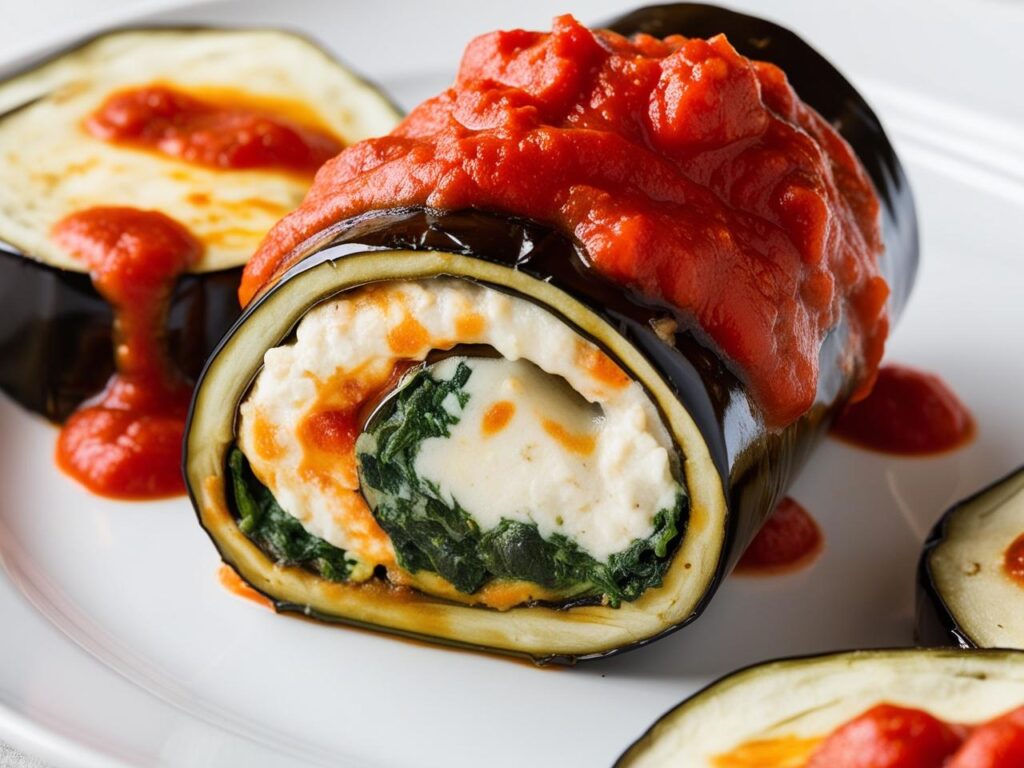 Zblizenie na farsz Przekroj jednej roladki z baklazana obtoczonej sosem pomidorowym i serem mozarella z widocznym kremowym farszem z ricotty i szpinaku otoczonym delikatnym baklazanem.