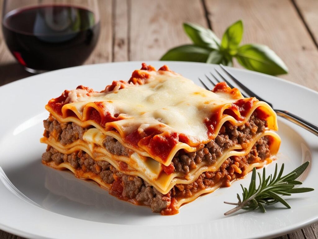 Zblizenie na kawalek lasagne na talerzu z roztopionym serem i widocznymi warstwami makaronu miesa i beszamelu na tle drewnianego stolu z winem i swiezymi ziolami 1