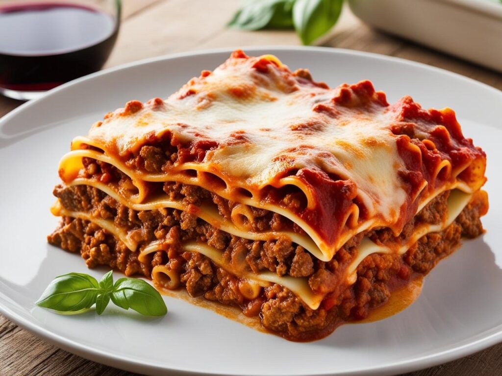 Zblizenie na kawalek lasagne na talerzu z roztopionym serem i widocznymi warstwami makaronu miesa i beszamelu na tle drewnianego stolu z winem i swiezymi ziolami. 2