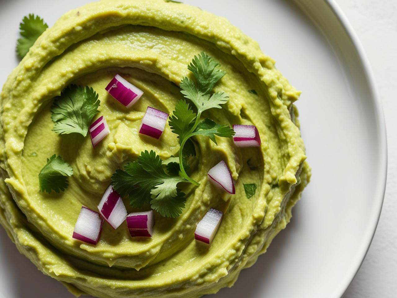 Zblizenie na konsystencje pasty z awokado widac drobne kawalki czerwonej cebuli i posiekana natke kolendry. 1