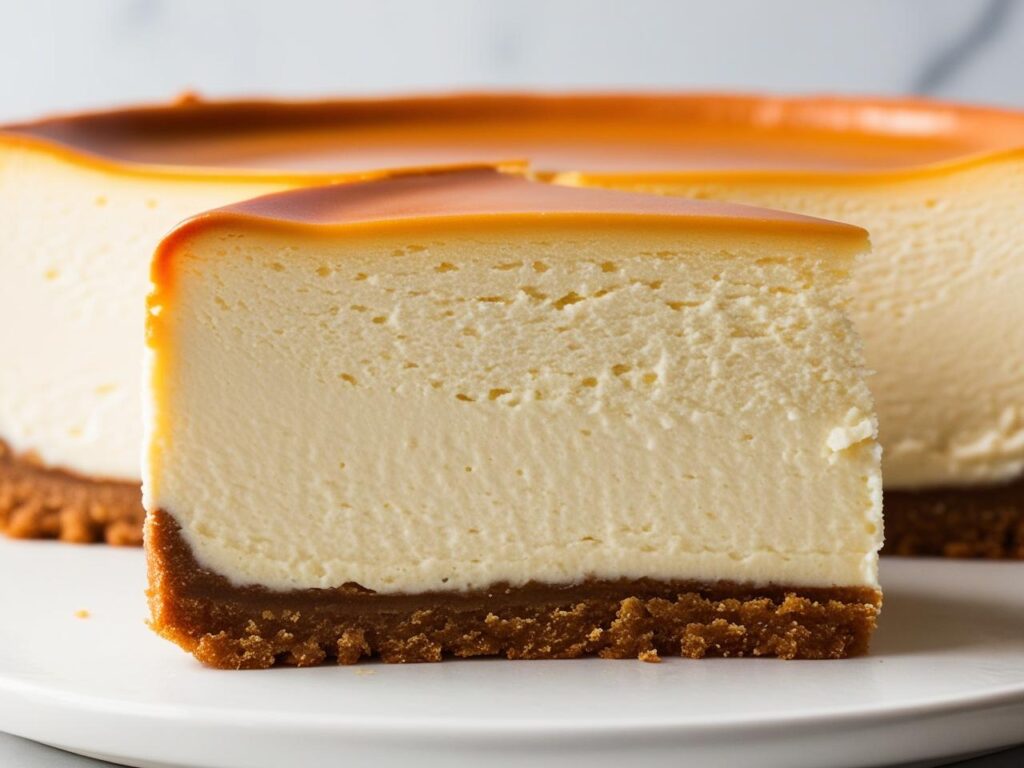 Zblizenie na kremowa strukture sernika nowojorskiego widoczny przekroj z herbatnikowym spodem. 1 sernik nowojorski