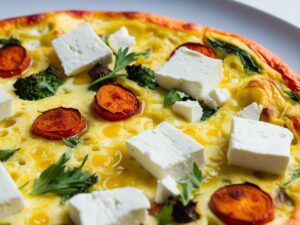 Zblizenie na strukture Detal frittaty pokazujacy puszysta strukture jajek oraz kawalki warzyw i fety