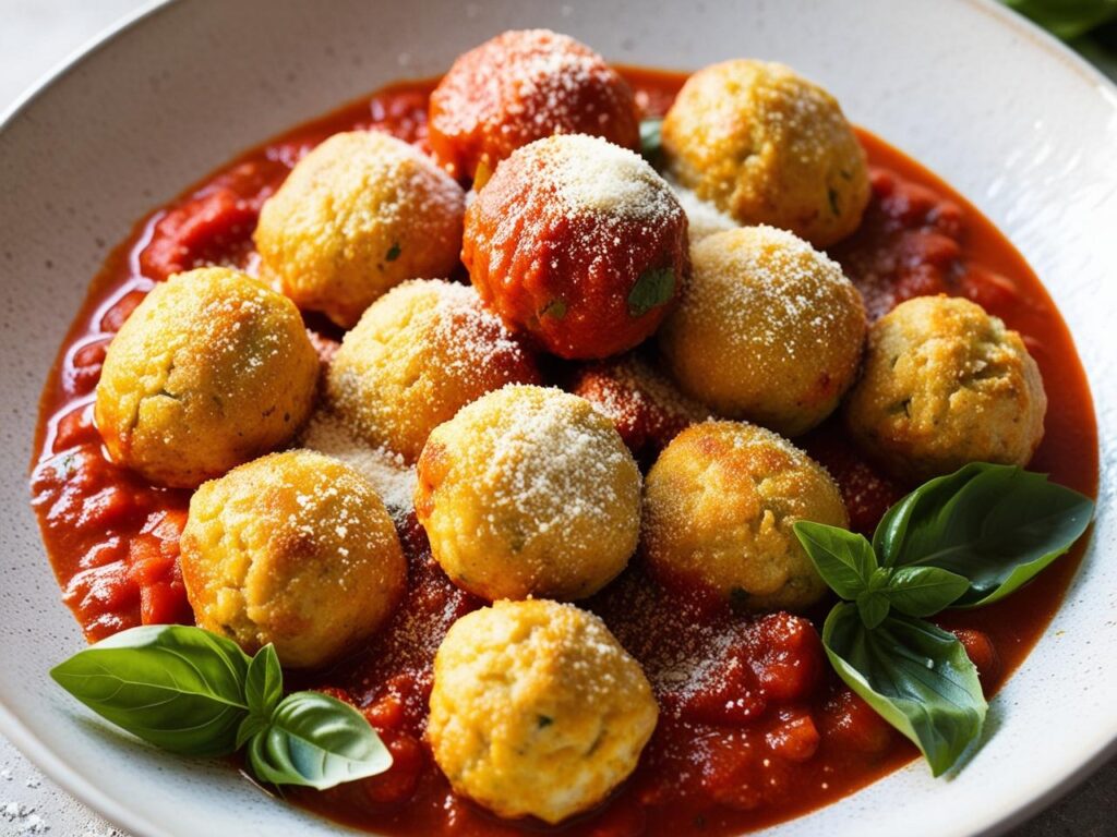 Zblizenie na talerz pelen zlocistych klopsikow ricotta podanych na cieplym sosie pomidorowym posypanych swiezo startym parmezanem i bazylia. Naturalne swiatlo rustykalne tlo Polpettine di Ricotta -mini klopsiki z ricotty