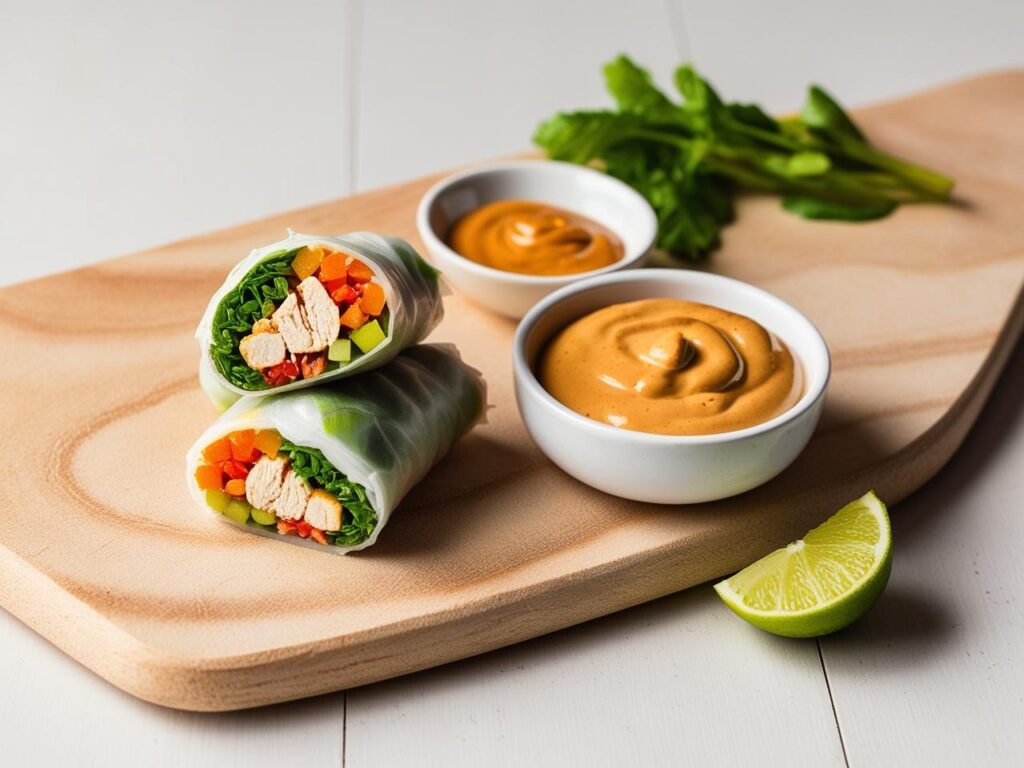 Zblizenie na ulozone na drewnianej desce swieze spring rollsy przeciete na pol ukazujace chrupiace warzywa i kurczaka obok miseczka sosu orzechowego i limonka 1