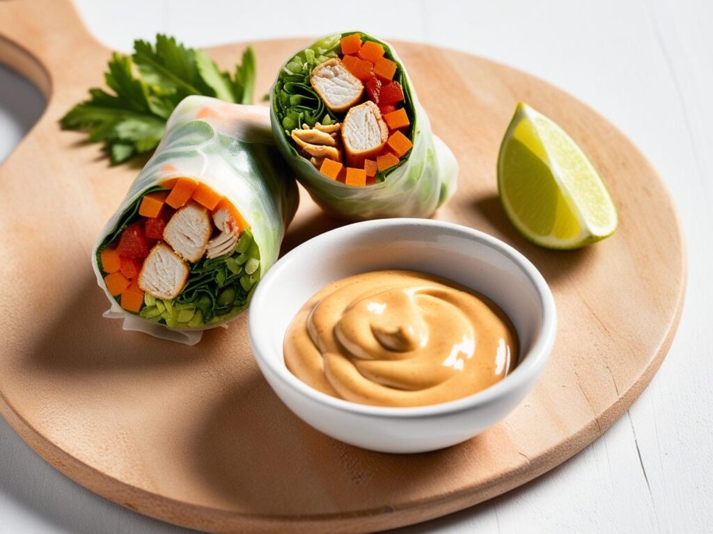 Zblizenie na ulozone na drewnianej desce swieze spring rollsy przeciete na pol ukazujace chrupiace warzywa i kurczaka obok miseczka sosu orzechowego i limonka