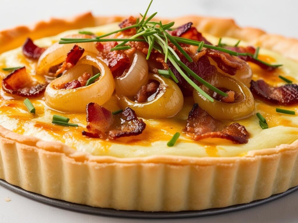 Zblizenie na zlocista tarte – chrupiacy podpieczony spod tarty z nadzieniem zapieczonym smietanowo serowym z pelnym karmelizowanej cebuli i boczku posypanym swiezymi ziolami 1 tarta z karmelizowaną cebulą i boczkiem