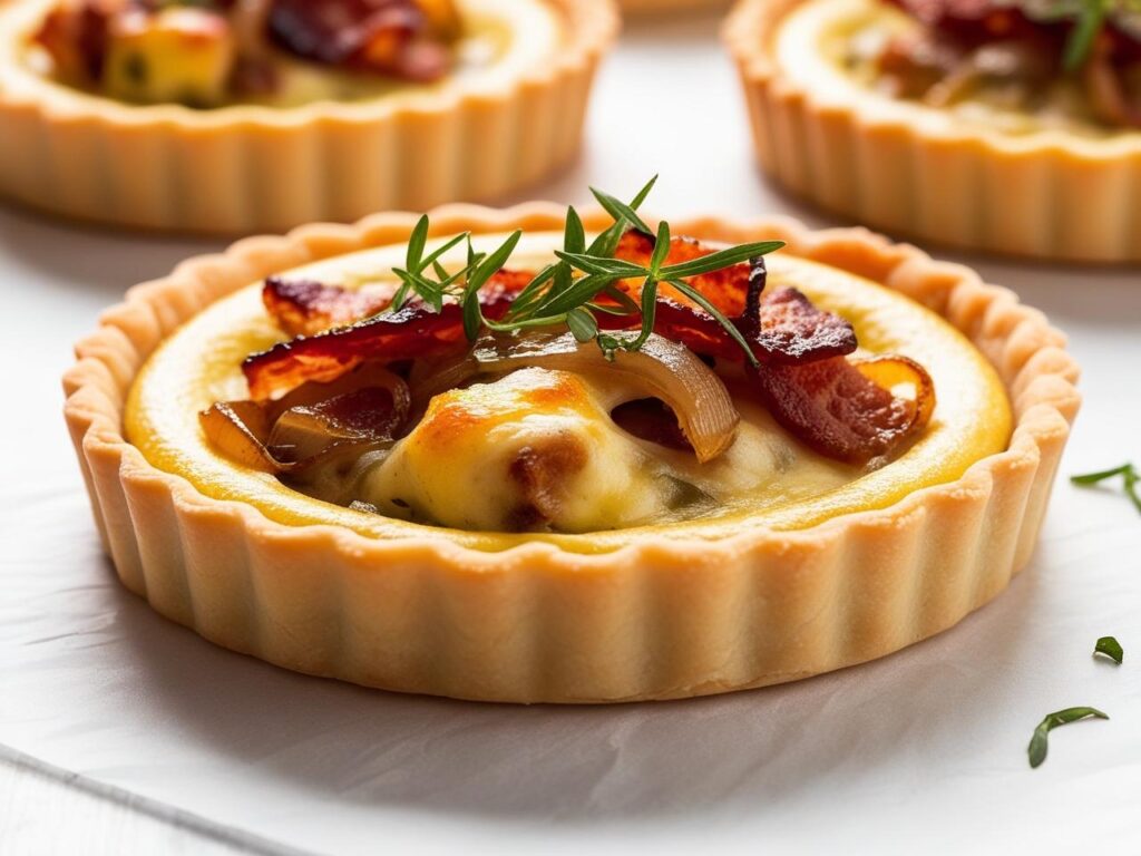 Zblizenie na zlocista tarte – chrupiacy podpieczony spod tarty z nadzieniem zapieczonym smietanowo serowym z pelnym karmelizowanej cebuli i boczku posypanym swiezymi ziolami. 2 tarta z karmelizowaną cebulą i boczkiem