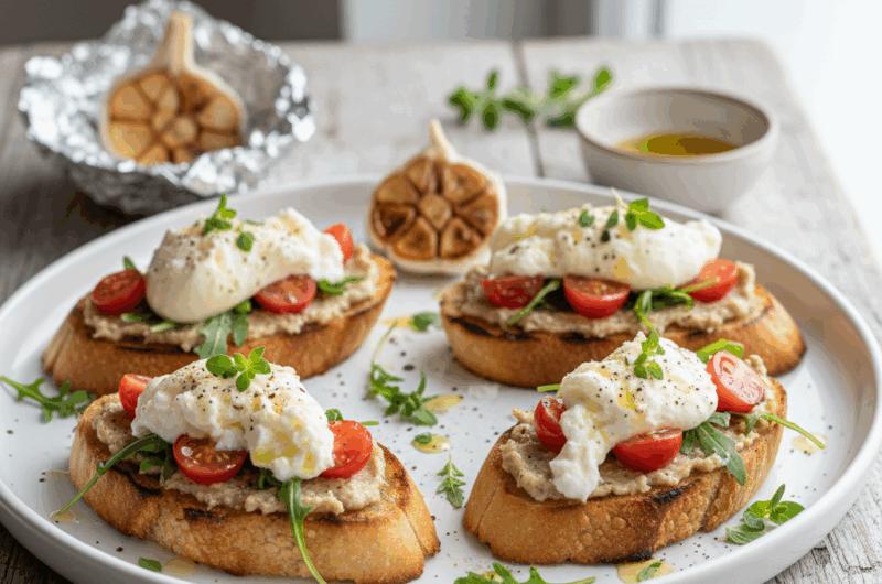 Bruschetta przepis z pieczonym czosnkiem i burratą