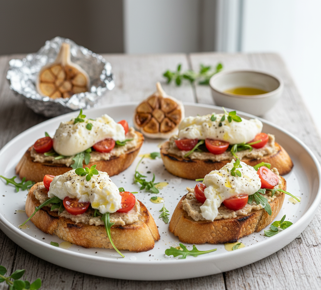 brushetta Bruschetta przepis z pieczonym czosnkiem i burratą