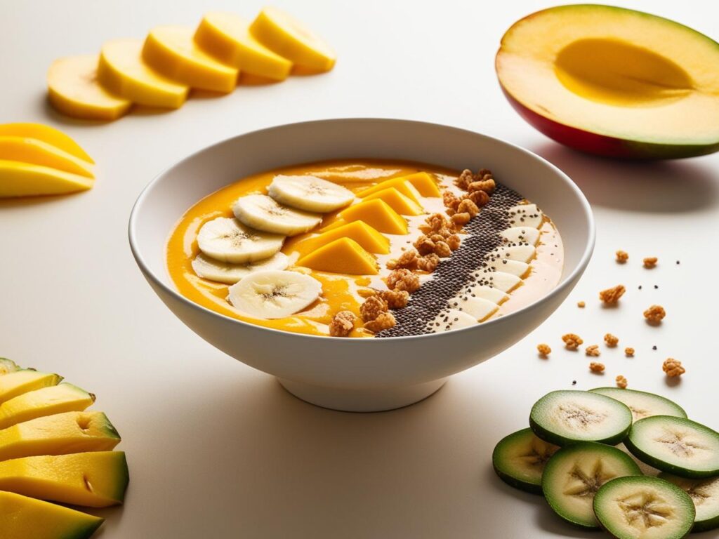 kremowa smoothie bowl koloru w eleganckiej misce udekorowana plasterkami mango banana granola i nasionami chia. Tlo jasne z tropikalnymi owocami obok 1 1