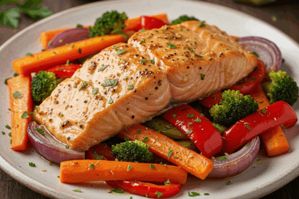 losos w glazurze musztardowo miodowej1 Pieczony łosoś w glazurze miodowo-musztardowej