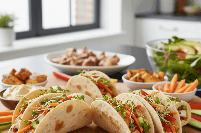 Mini tortille z hummusem, warzywami i grillowanym kurczakiem