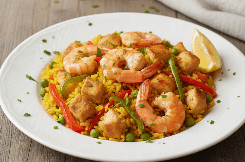 Paella z kurczakiem i krewetkami