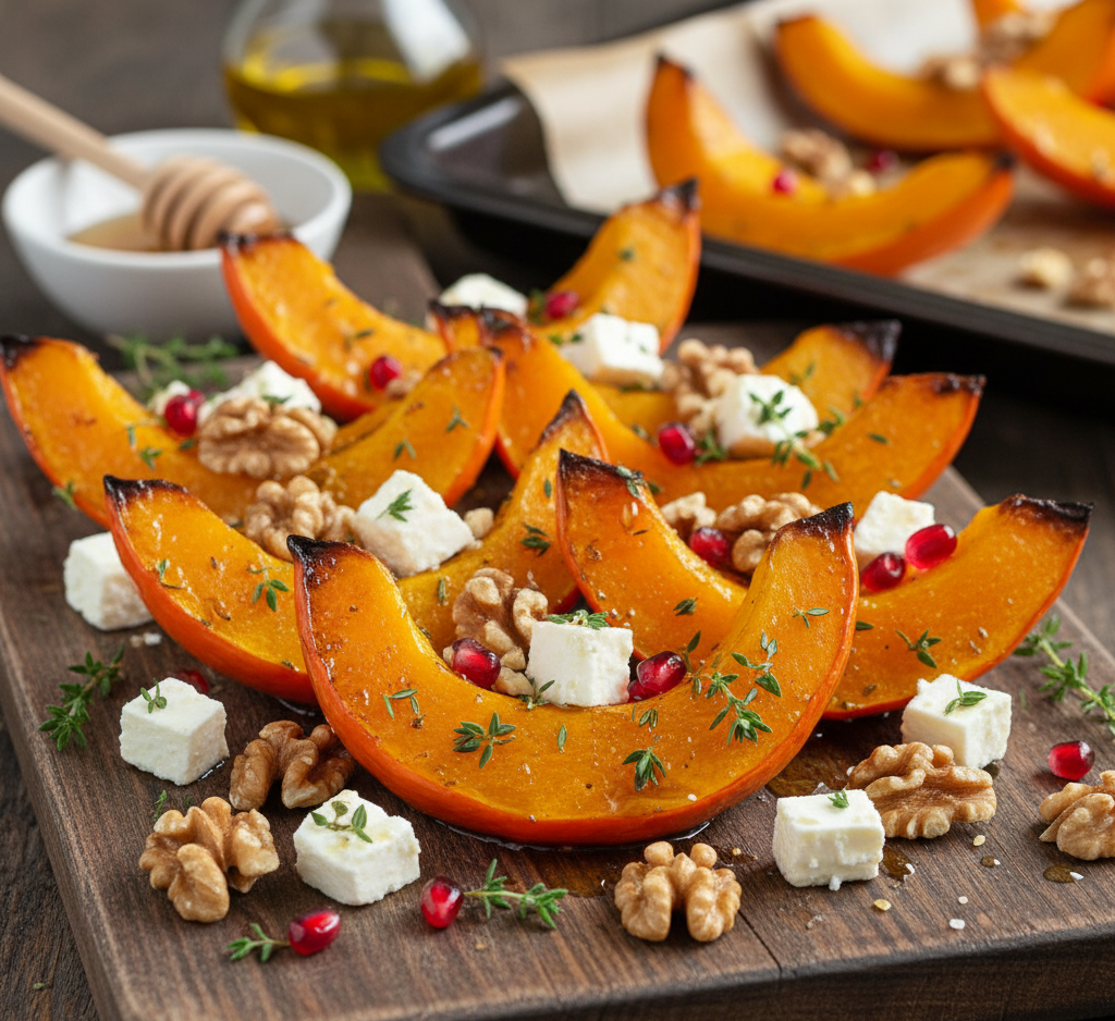 pieczona dynia z orzechami i feta 1 Sałatka z Pieczonej Dyni, Sera Feta i Chrupiących Orzechów Włoskich
