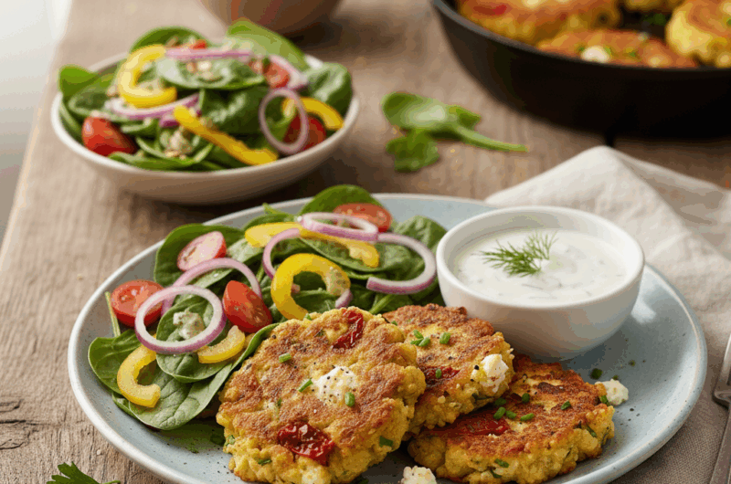 Placki z kaszy jaglanej z fetą i suszonymi pomidorami