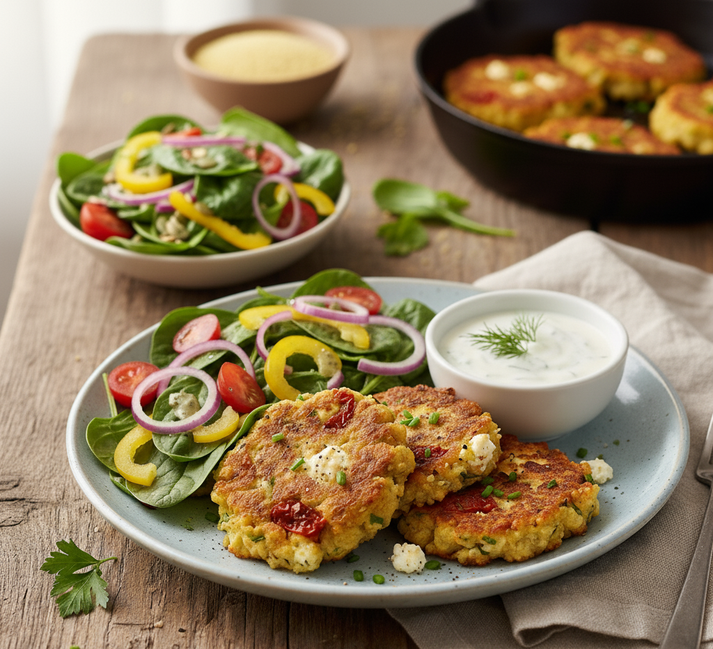 placuszki z kaszy jaglanej z feta i suszonymi pomidorami 2 placki z kaszy jaglanej z fetą i suszonymi pomidorami