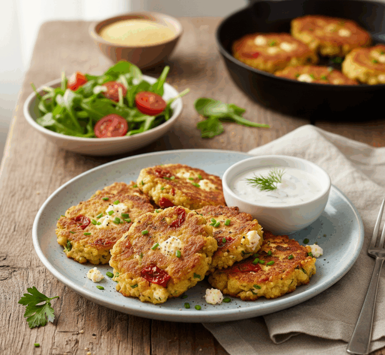 placki z kaszy jaglanej z fetą i suszonymi pomidorami