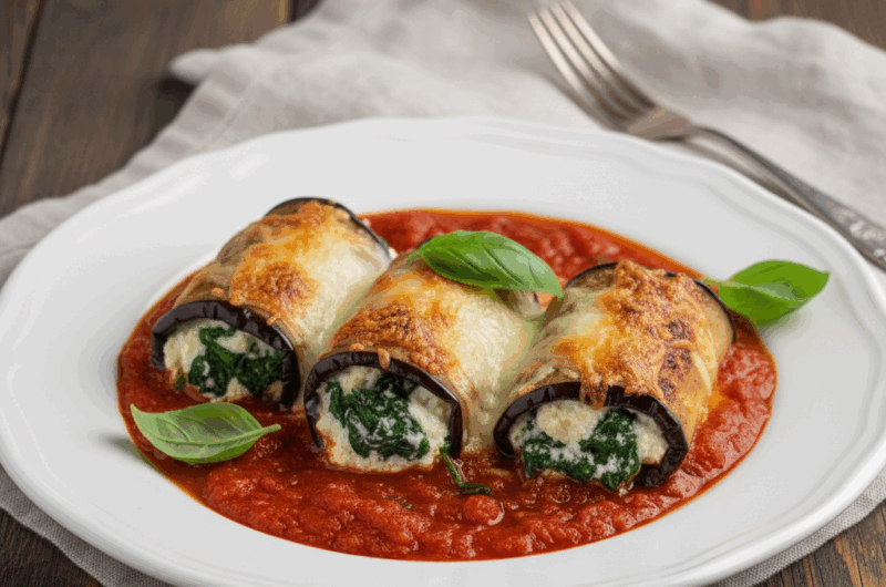 Roladki z bakłażana faszerowane serem ricotta i szpinakiem