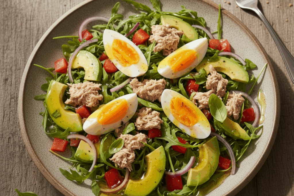 sałatka z tuńczykiem, awokado i jajkiem