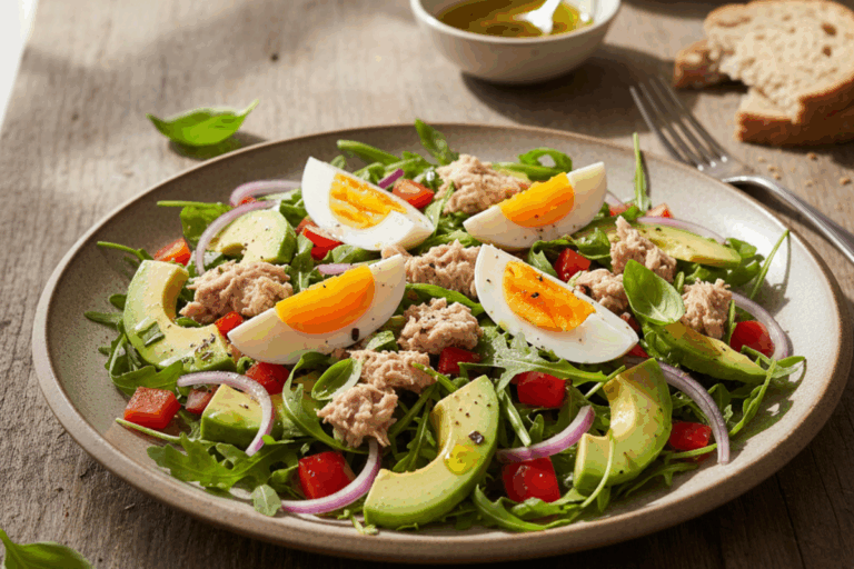 sałatka z tuńczykiem, awokado i jajkiem