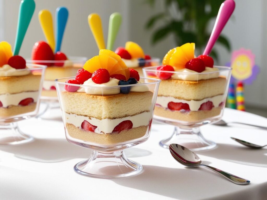 stol z deserem tiramisu z owocami w przezroczystych pucharkach dokladnie widac naprzemienne warstwy biszkoptow z kremem na gorze owoce z kolorowymi lyzeczkami i dekoracjami dzieciecymi w tle.