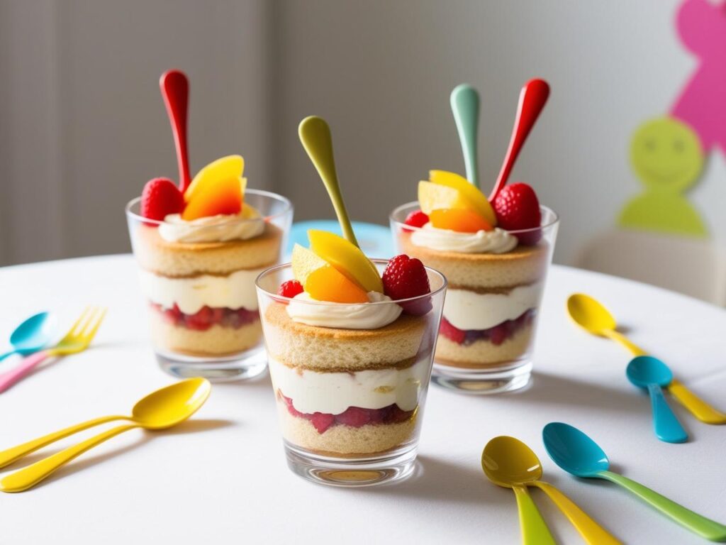 stol z deserem tiramisu z owocami w przezroczystych pucharkach dokladnie widac naprzemienne warstwy biszkoptow z kremem na gorze owoce z kolorowymi lyzeczkami i dekoracjami dzieciecymi w tle. 1 1
