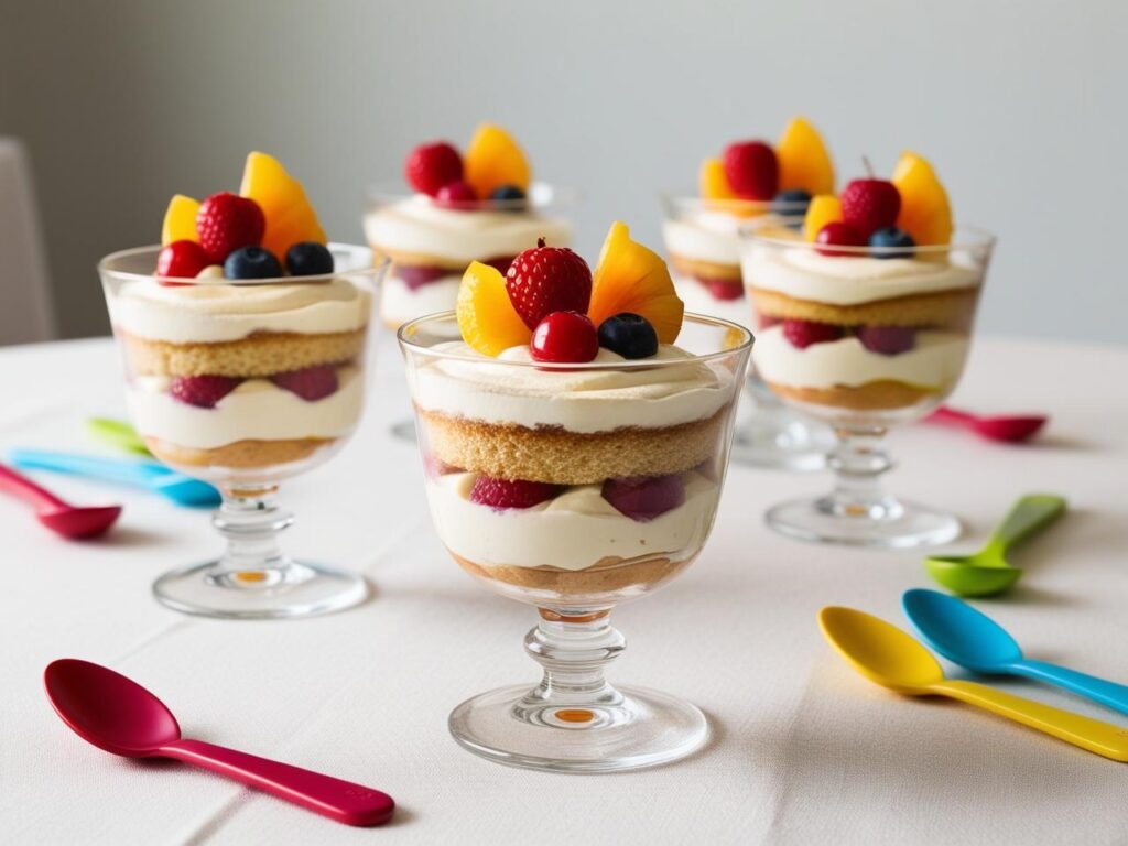 stol z deserem tiramisu z owocami w przezroczystych pucharkach dokladnie widac naprzemienne warstwy biszkoptow z kremem na gorze owoce z kolorowymi lyzeczkami i dekoracjami dzieciecymi w tle. 2