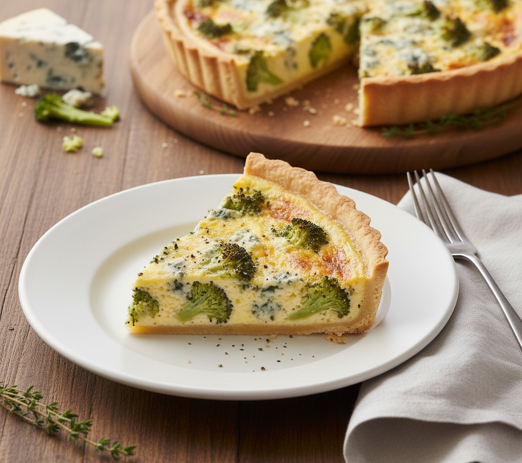 tarta z brokułami i serem pleśniowym