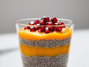 warstwowy deser chia w szklance wyraznie widoczne warstwy nasiona chia mus mango oraz ziarenka granatu na wierzchu 1 warstwowy deser chia w szklance wyraznie widoczne warstwy nasiona chia mus mango oraz ziarenka granatu na wierzchu 1