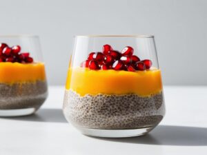 warstwowy deser chia w szklance wyraznie widoczne warstwy nasiona chia mus mango oraz ziarenka granatu na wierzchu 2 warstwowy deser chia w szklance wyraznie widoczne warstwy nasiona chia mus mango oraz ziarenka granatu na wierzchu 2