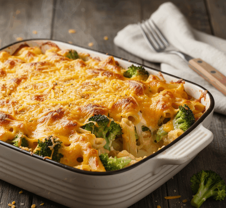 zapiekanka z makaronem, brokułami i serem chedar